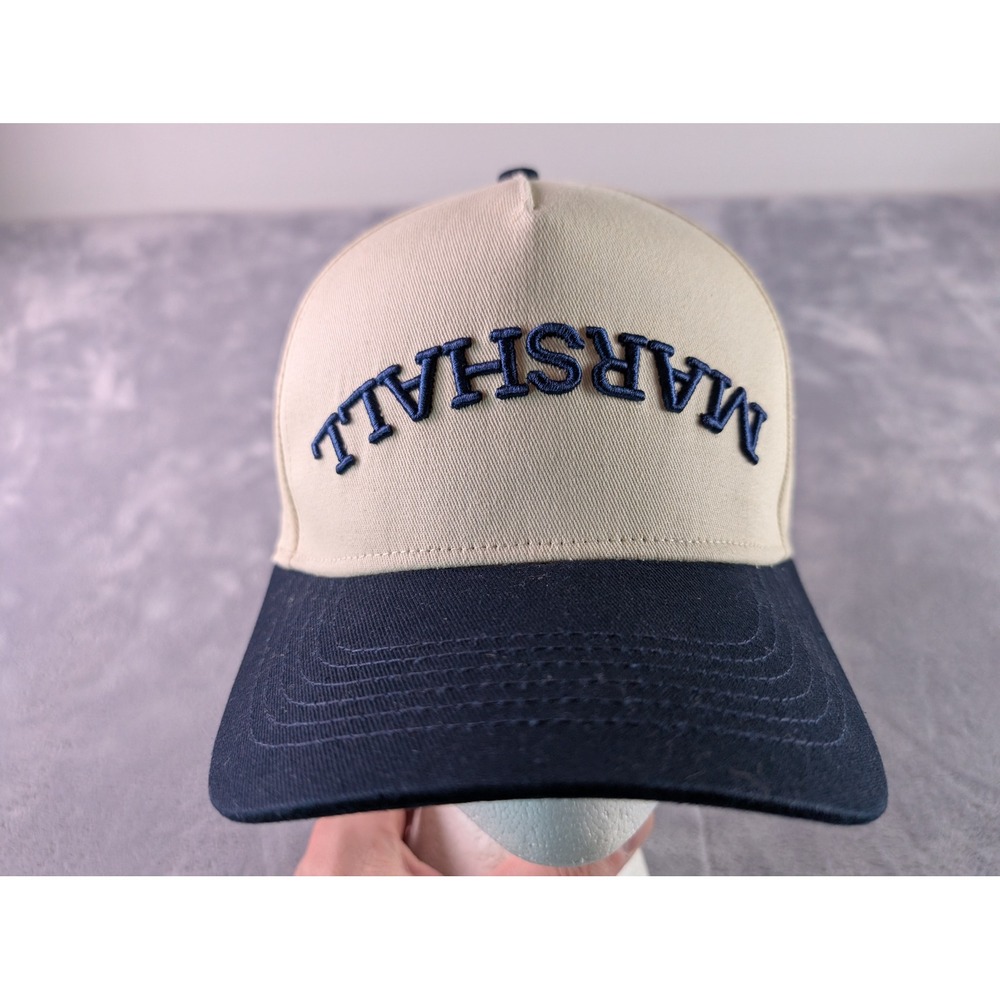 Marshall Upside Down Logo Snapback Hat Tan Navy Blue Two Tone Baseball Cap